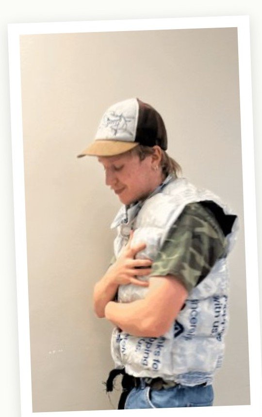 Bag puffer vest prototype, front, worn