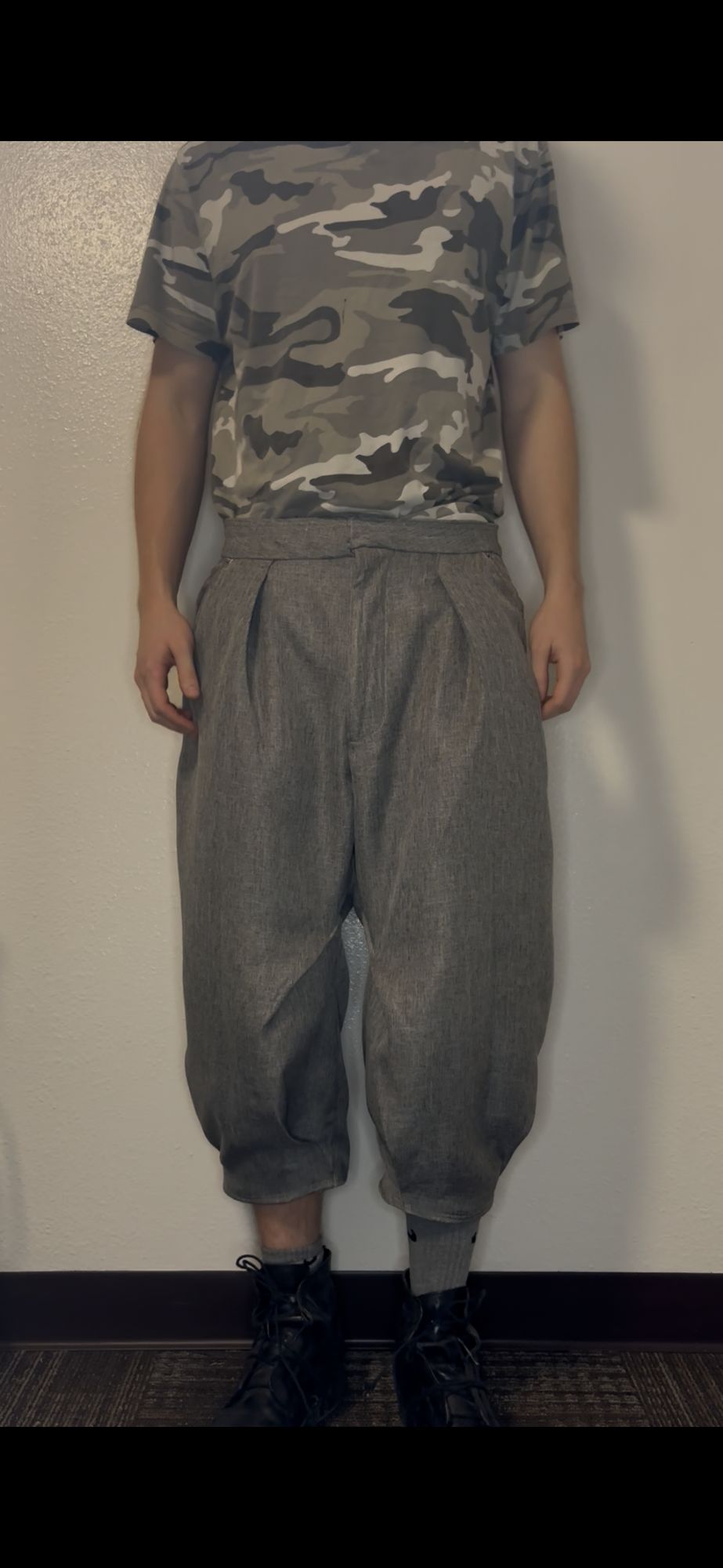 Balloon pleat trouser in heather wool-blend flannel, front view