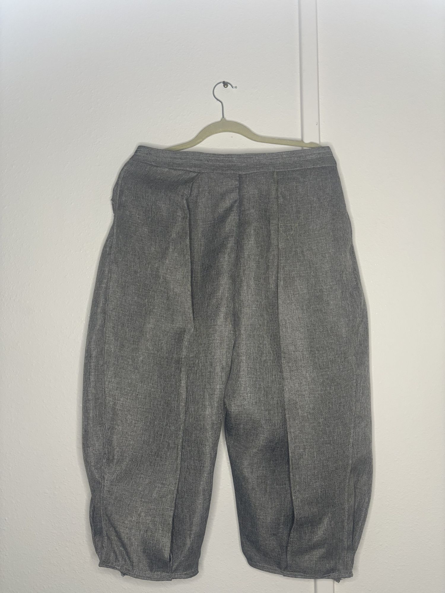 Balloon pleat trouser hung on a hanger
