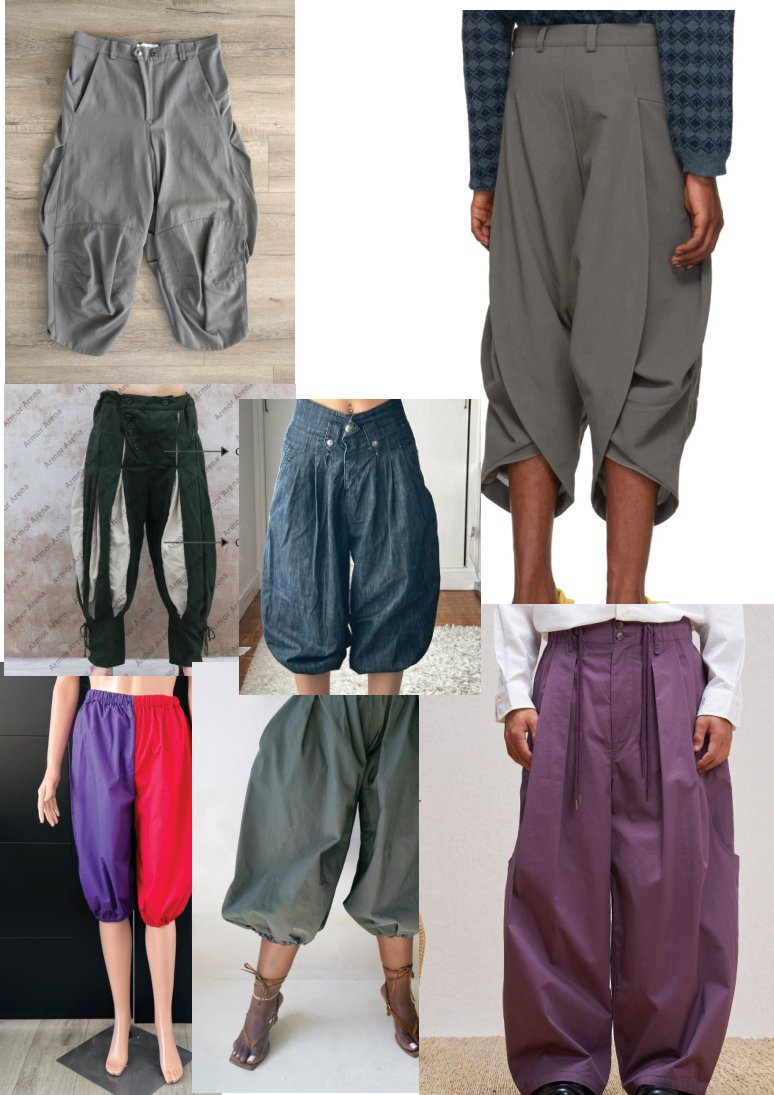 Reference grid of balloon, harem, and pleated trousers pulled from other designers for silhouette research