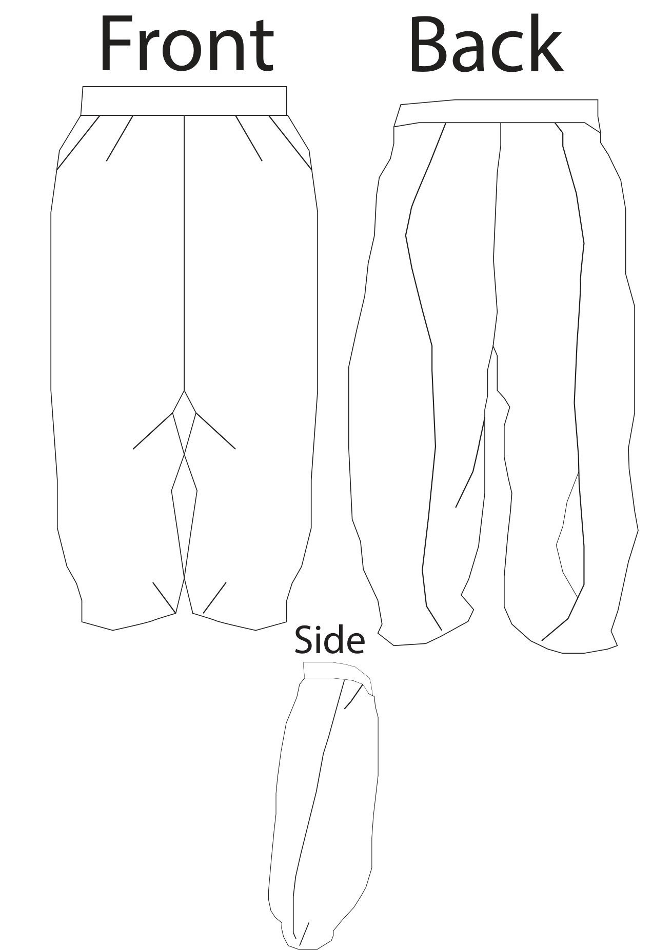 Technical flat sketch of the balloon pleat trouser — front, back, and side