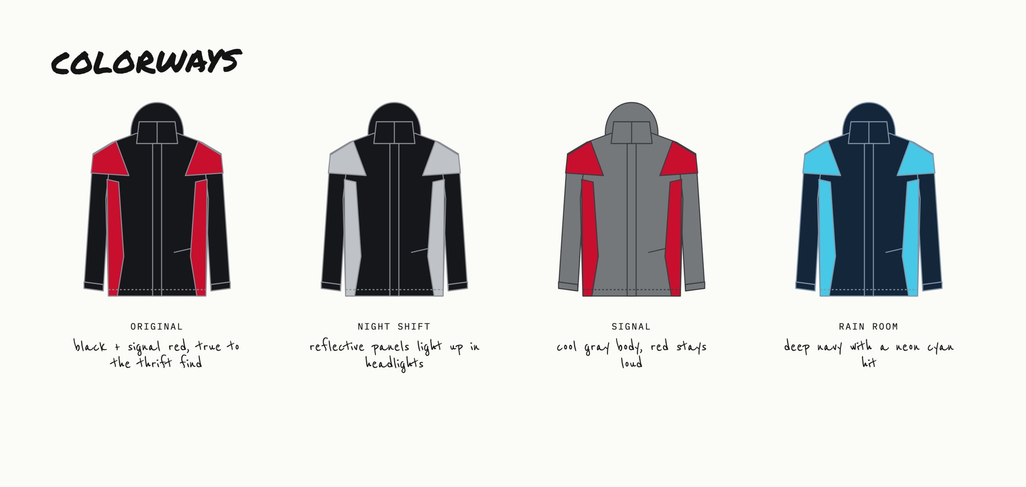 Four colorway options: Original black and red, Night Shift reflective gray, Signal gray and red, Rain Room navy and cyan