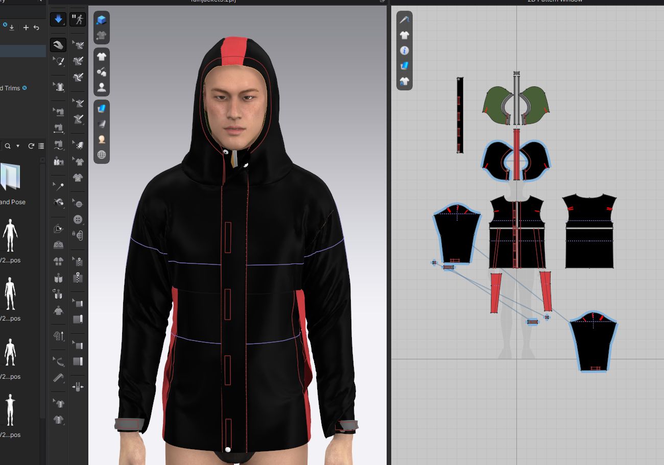 CLO3D workspace: 3D simulated jacket on the left, flat 2D pattern pieces on the right