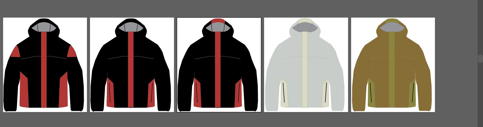 Five CLO3D flat colorway tests for the jacket front