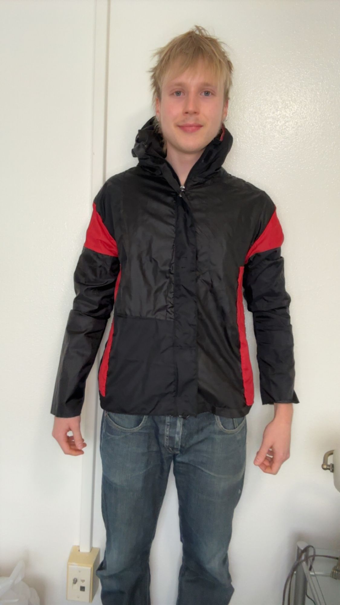 Rain jacket front, alternate angle