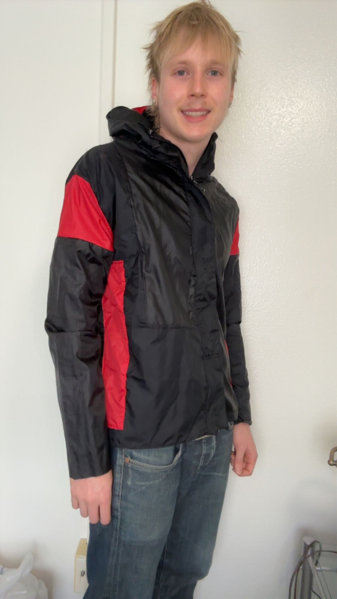 Rain jacket worn, front view
