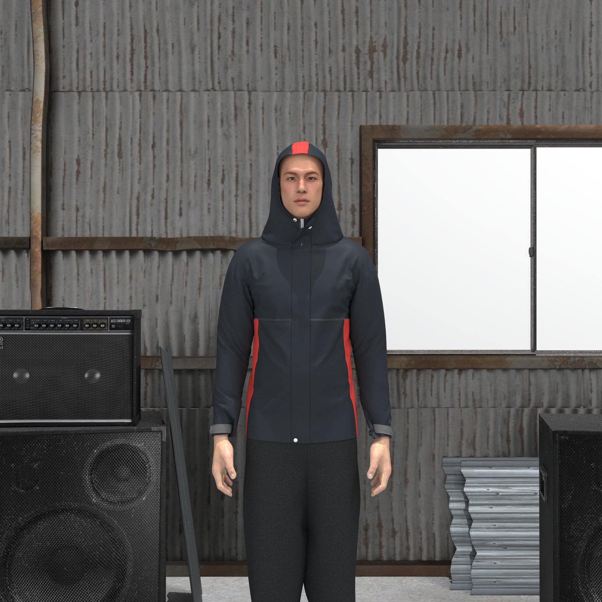 Render of the rain jacket, back view, hood up